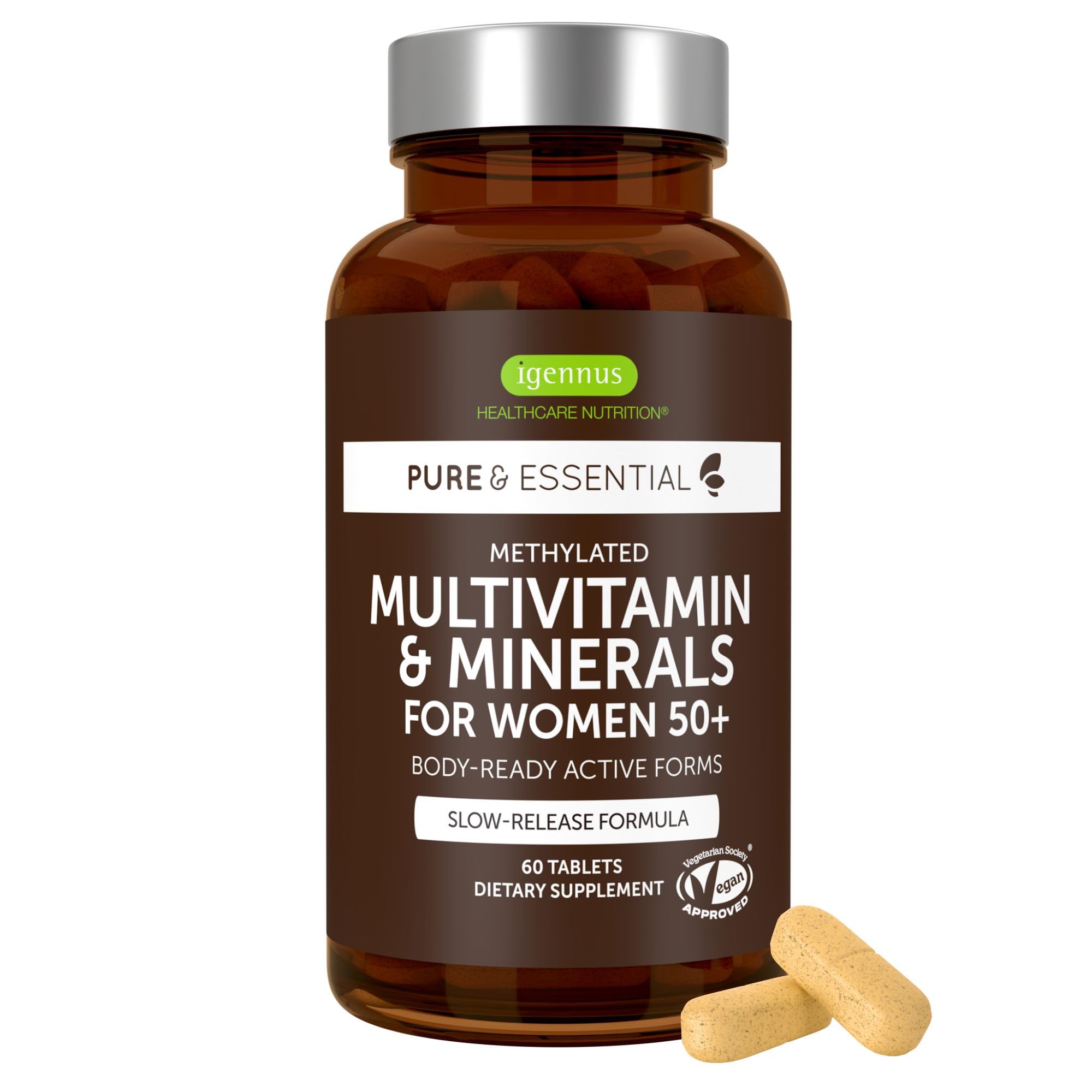 Igennus envase frontal del multivitamínico para mujer 50+, claridad de uso