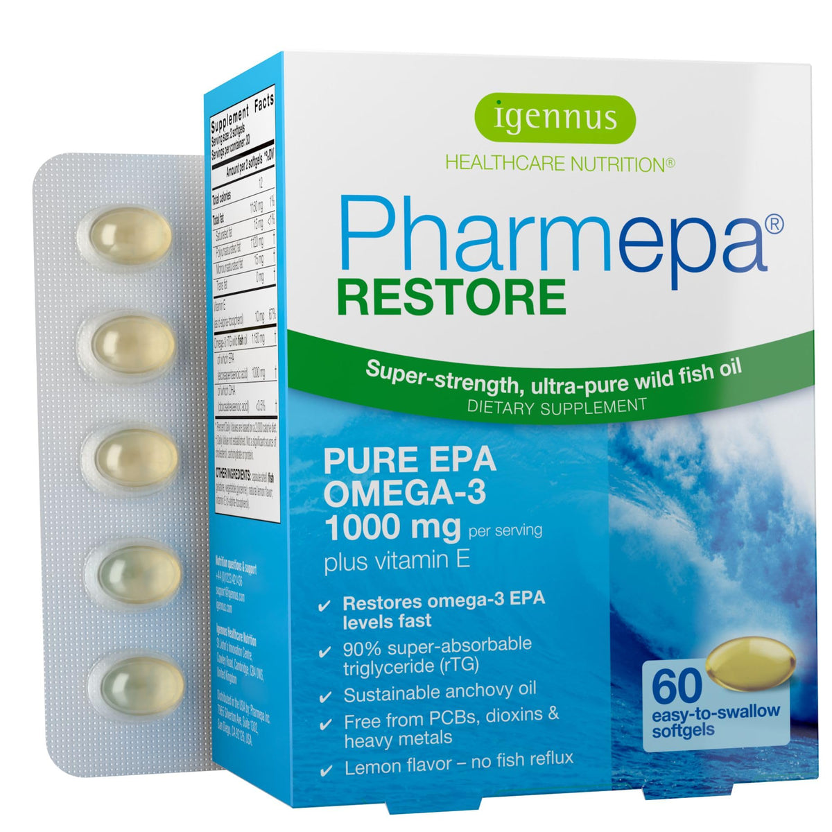 Igennus Pharmepa Restore frontal del envase mostrando 60 softgels y beneficios