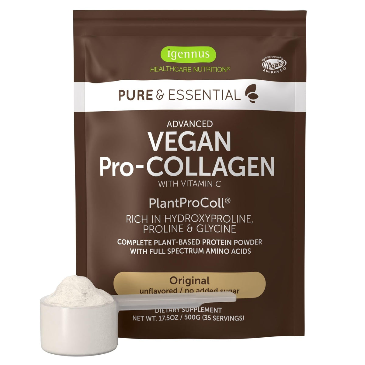 Igennus frente del envase mostrando colágeno vegano y porciones