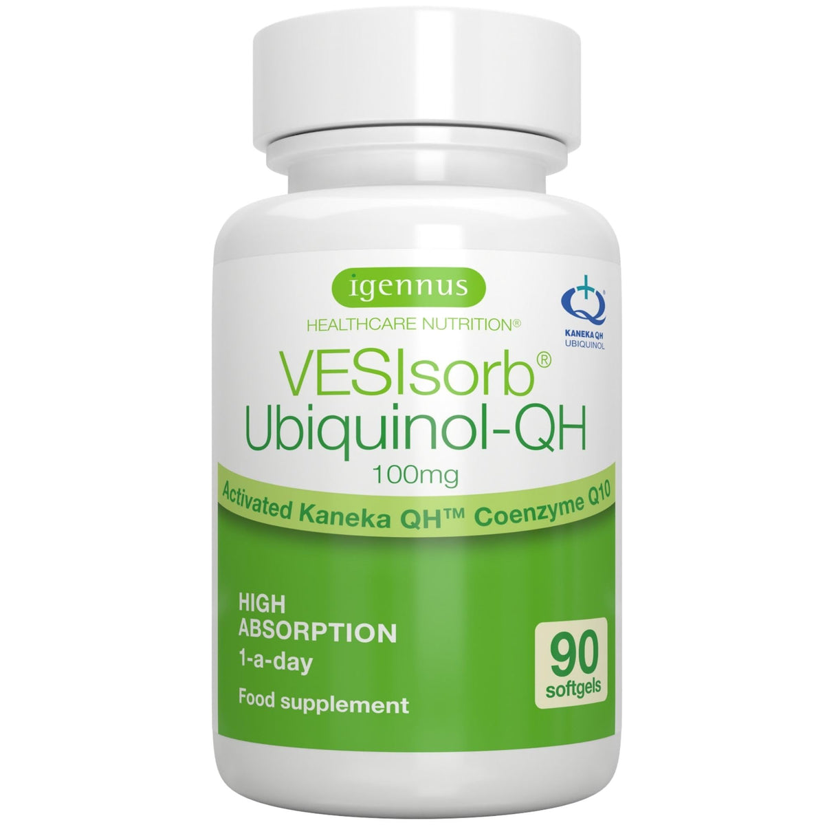 Igennus Ubiquinol frontal del envase mostrando la presentación y dosis