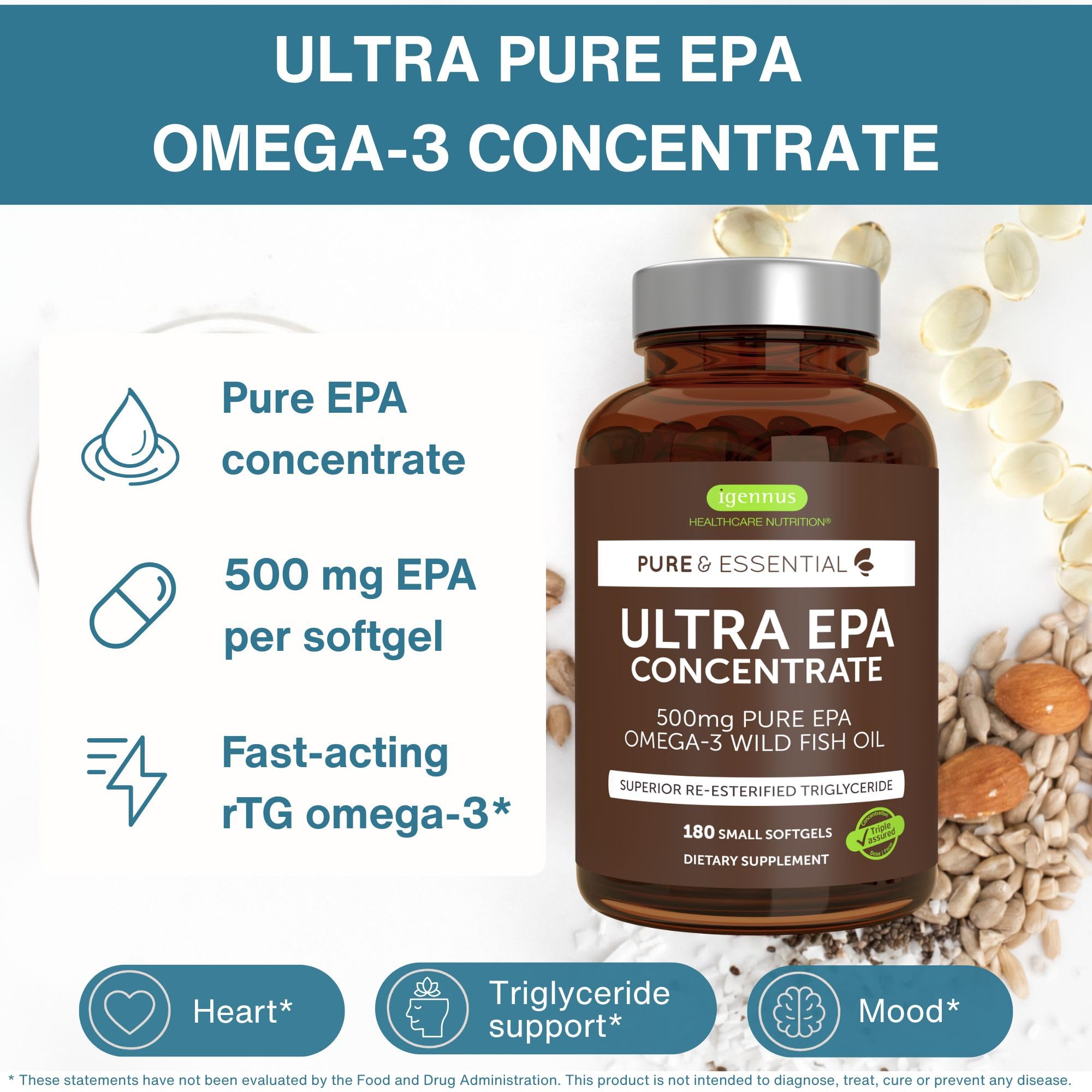 Igennus Ultra Pure EPA cápsula cerca que ilustra su tamaño y facilidad de deglución