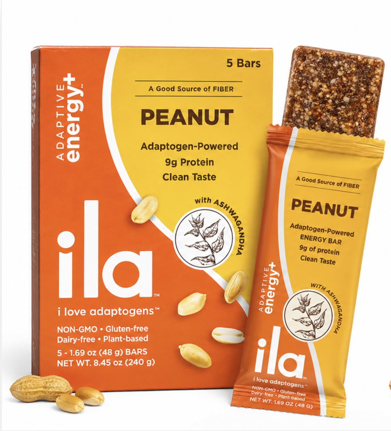 ILA empaque frontal de la barra Peanut mostrando ingredientes y beneficio energía limpia
