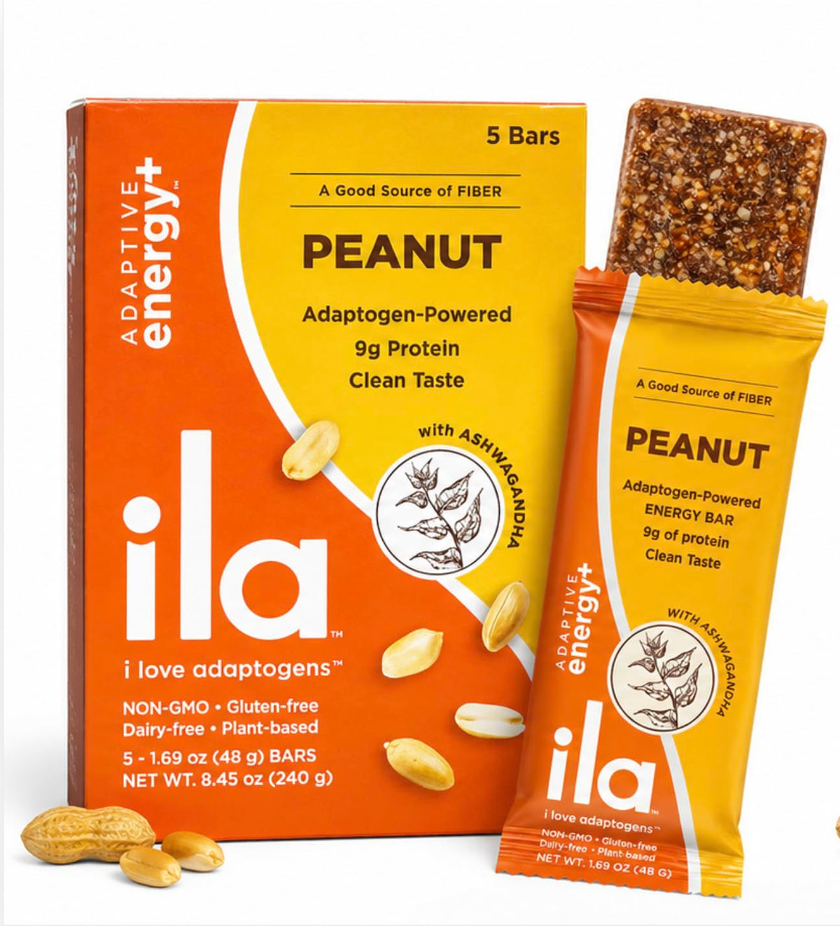 ILA empaque frontal de la barra Peanut mostrando ingredientes y beneficio energía limpia
