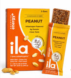ILA empaque frontal de la barra Peanut mostrando ingredientes y beneficio energía limpia