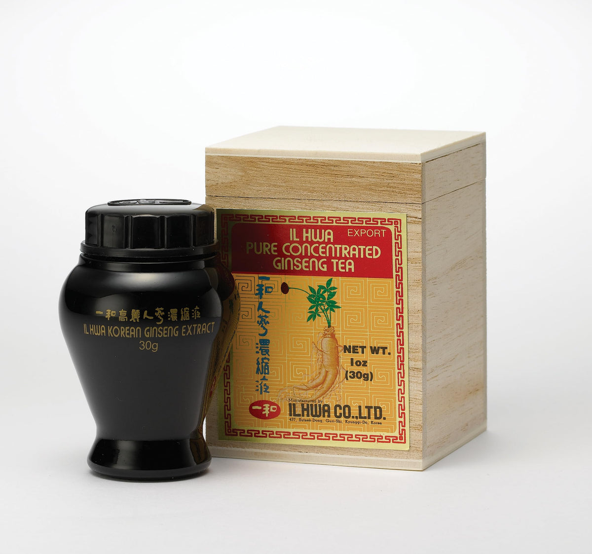 Ilwha envase frontal del extracto de ginseng 30 g mostrando etiqueta clara y tamaño práctico