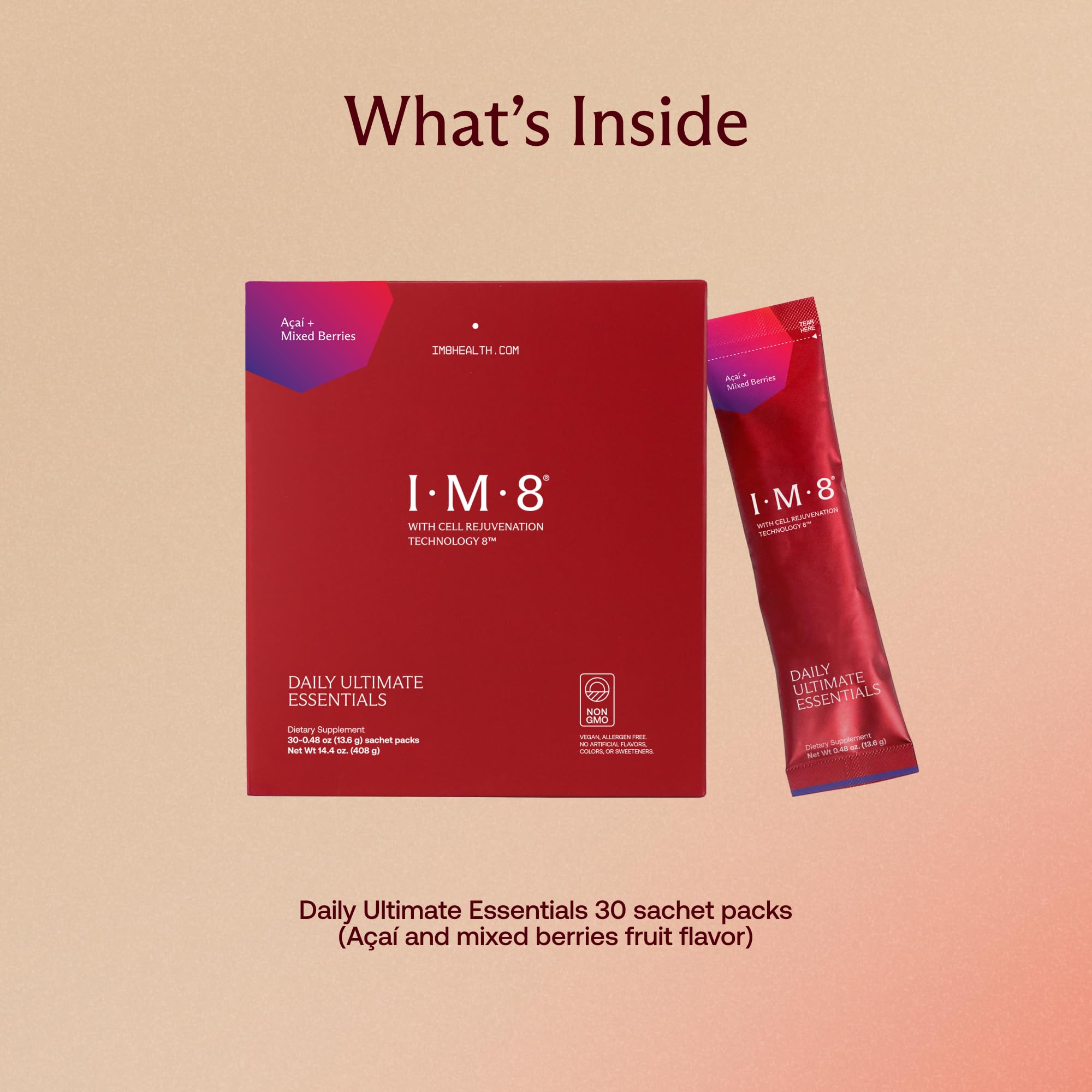 IM8 polvo en primer plano, textura fina que facilita disolución rápida