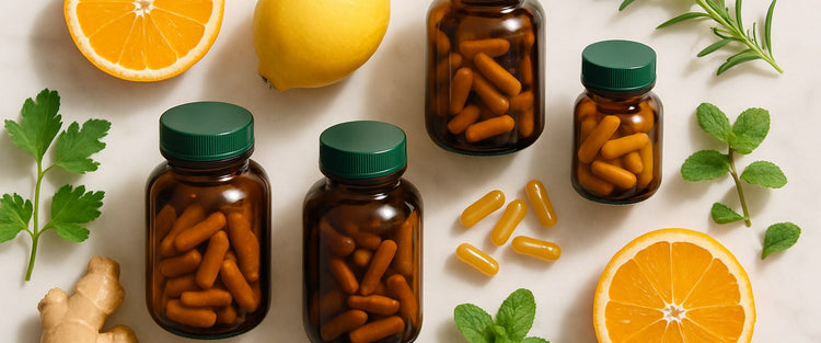 Suplementos y vitaminas con cítricos frescos — Vitaminas Ya México