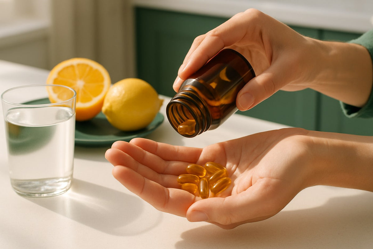 Rutina matutina de vitaminas con vaso de agua — Vitaminas Ya
