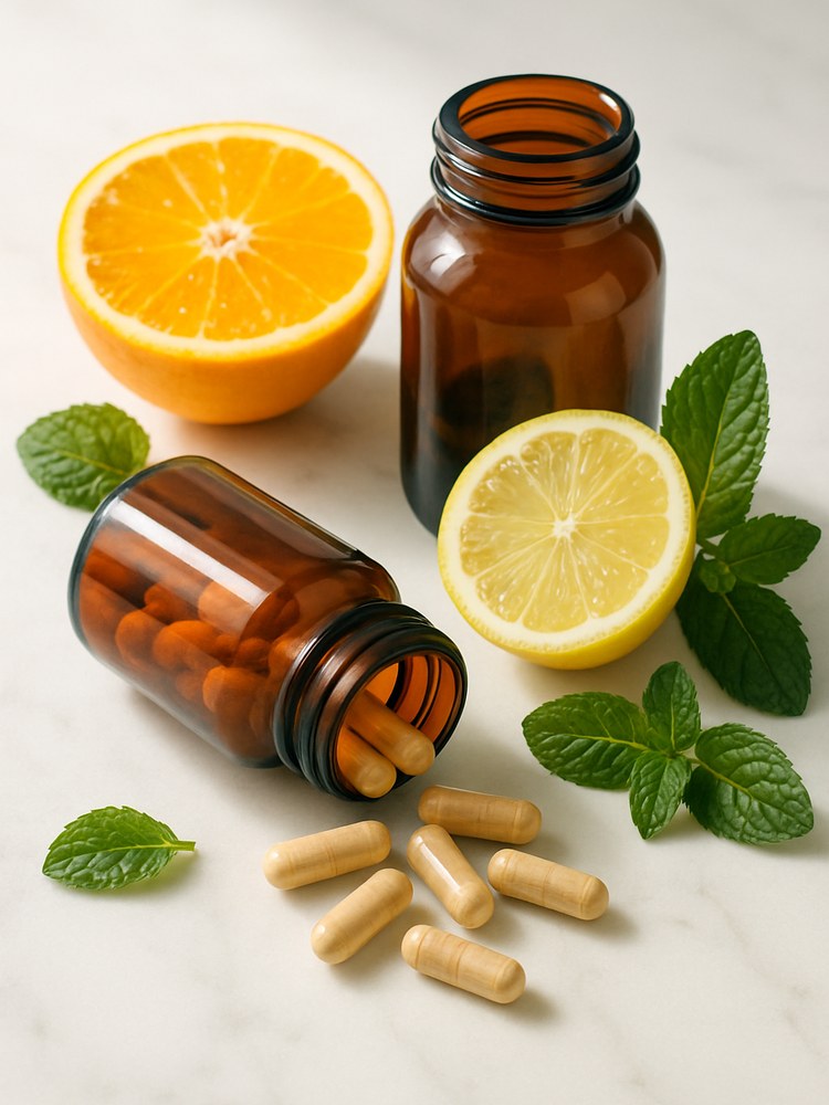 Frascos de vitaminas con cítricos — banner móvil Vitaminas Ya