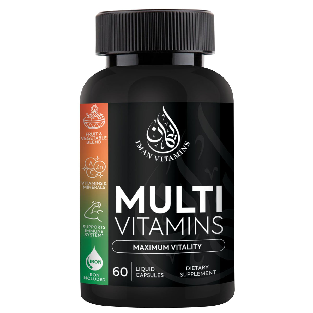 Iman Vitamins frente del empaque mostrando certificación halal y beneficios