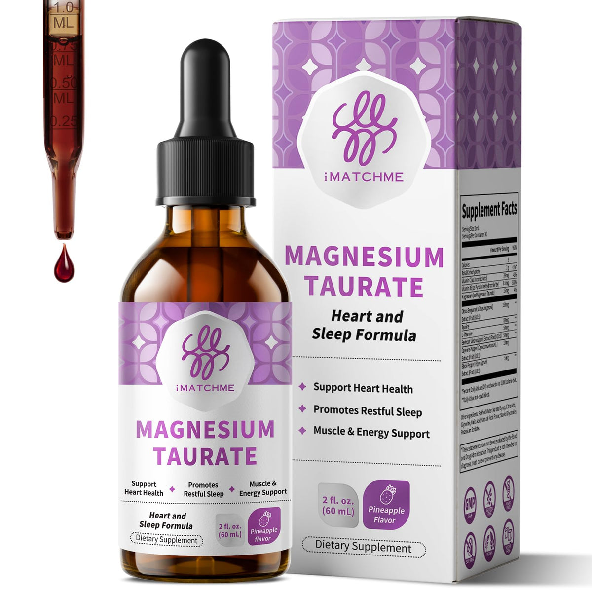 iMATCHME frasco delantero de Magnesium Taurate Liquid para fácil identificación y confianza