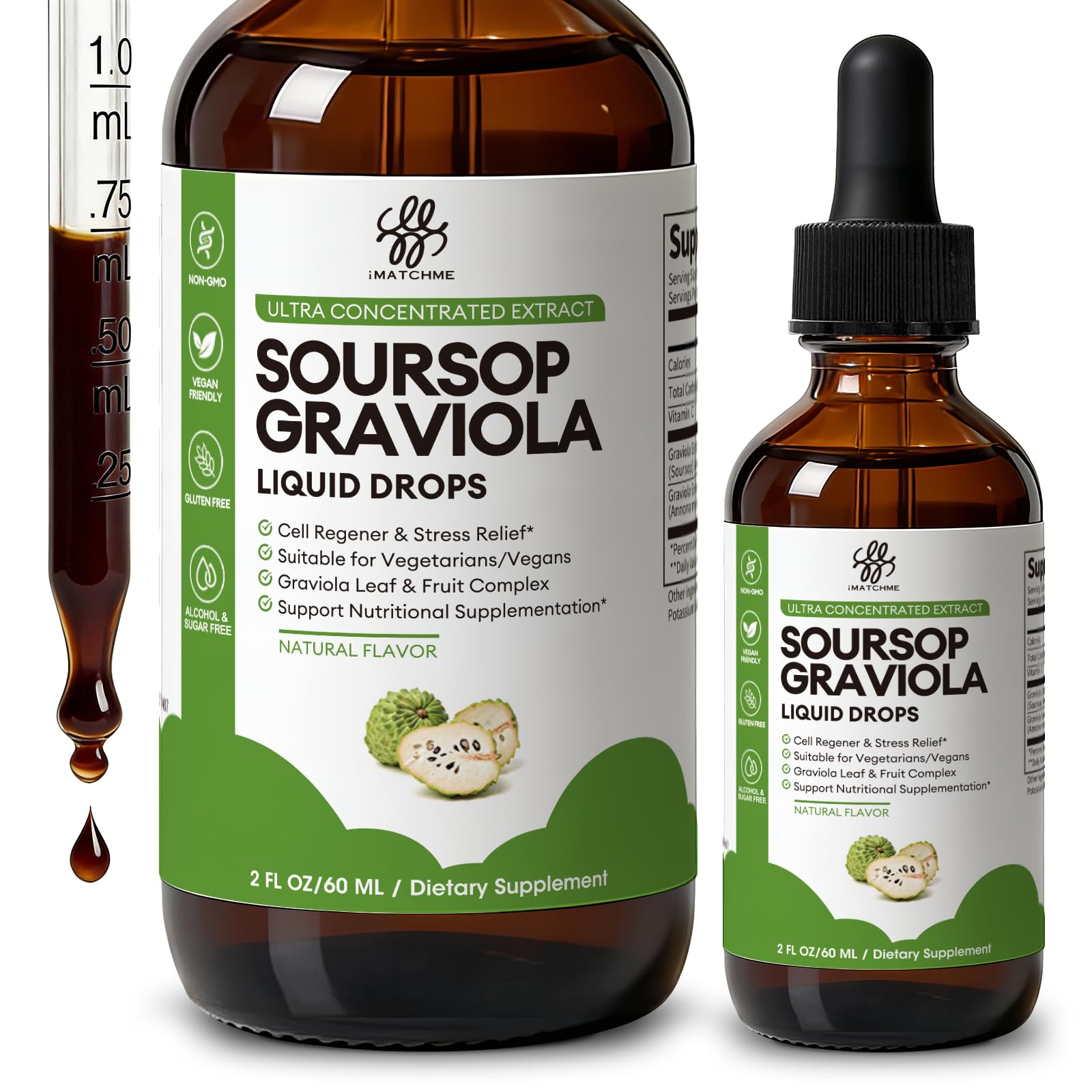 iMATCHME botella frontal de soursop graviola mostrando el tamaño y diseño