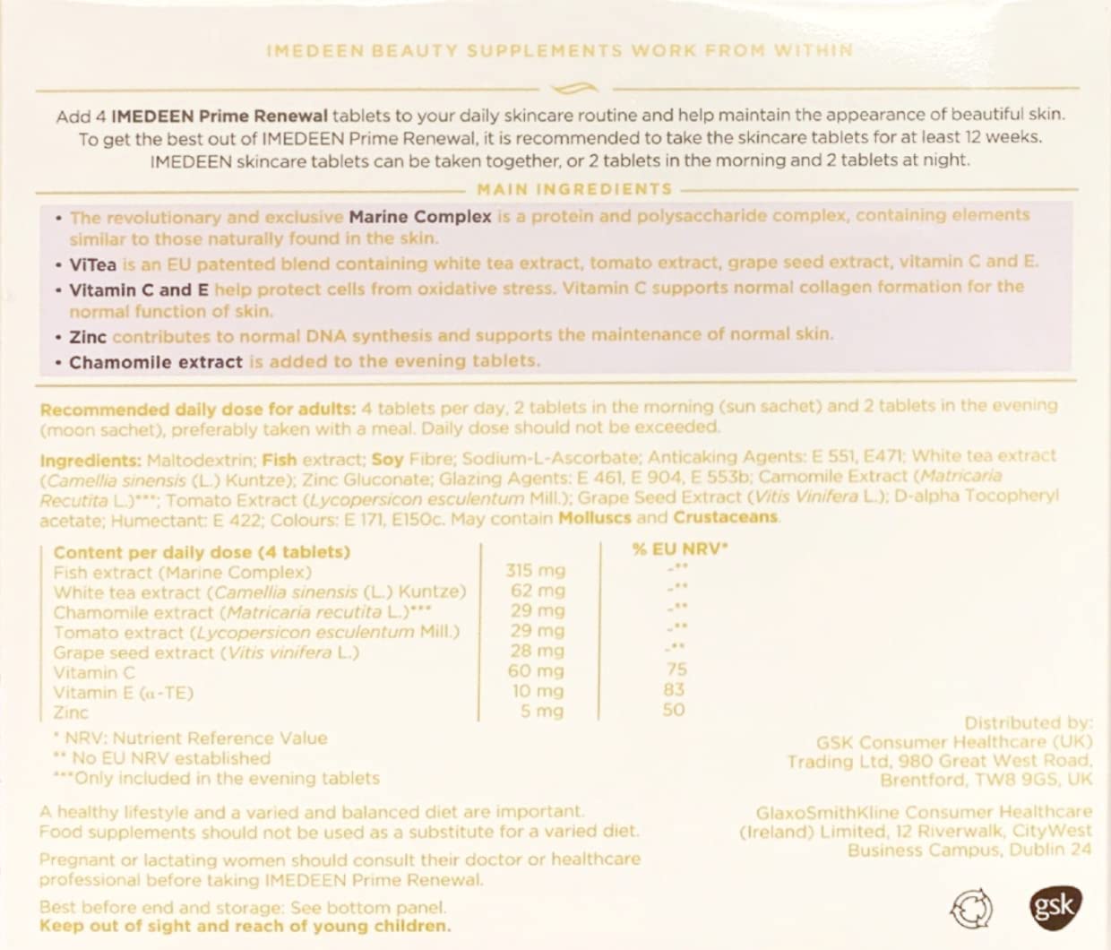 Imedeen Prime Renewal etiqueta con ingredientes y beneficios resumidos