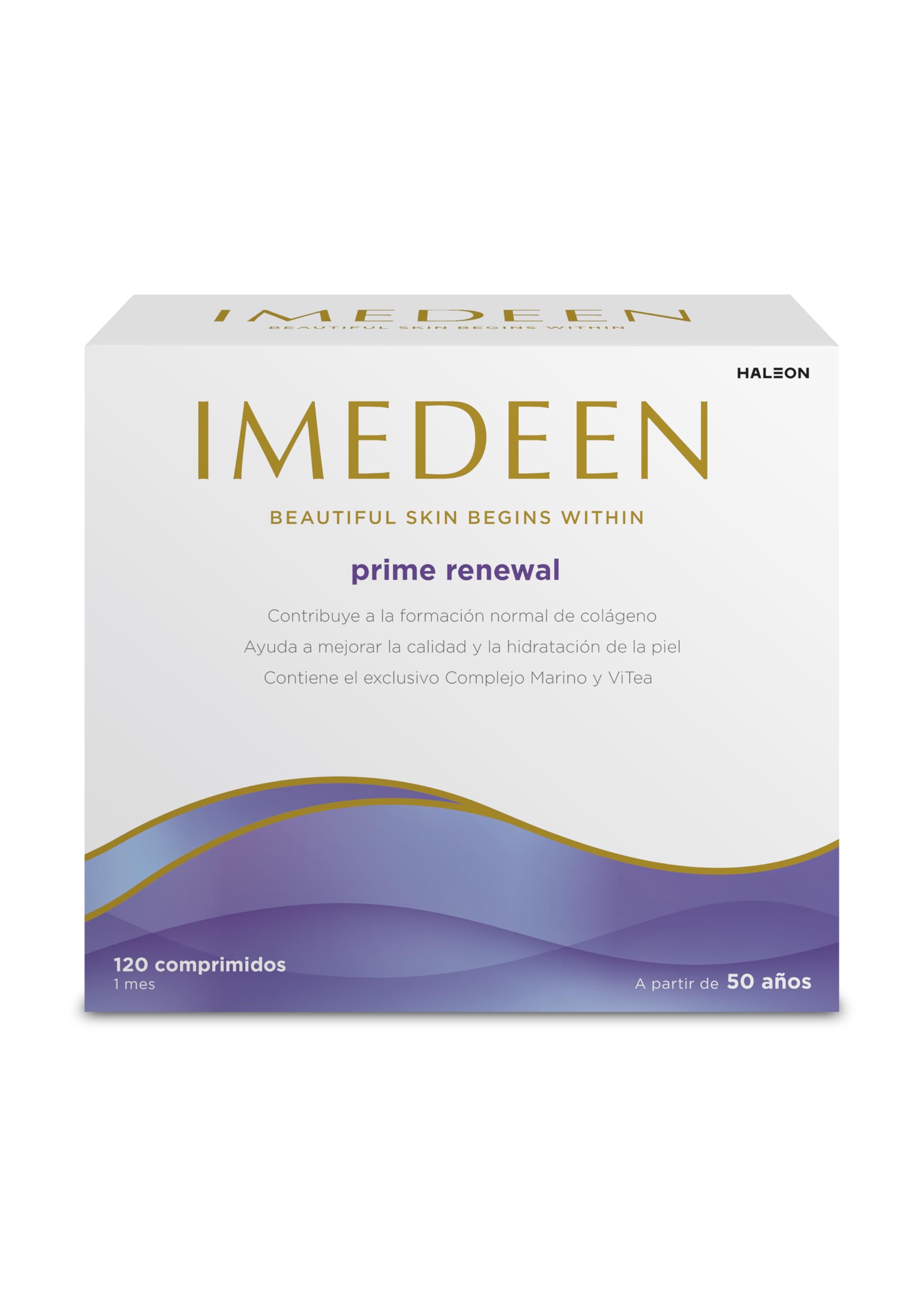 Imedeen Prime Renewal frontal del envase mostrando el paquete y beneficio antiedad