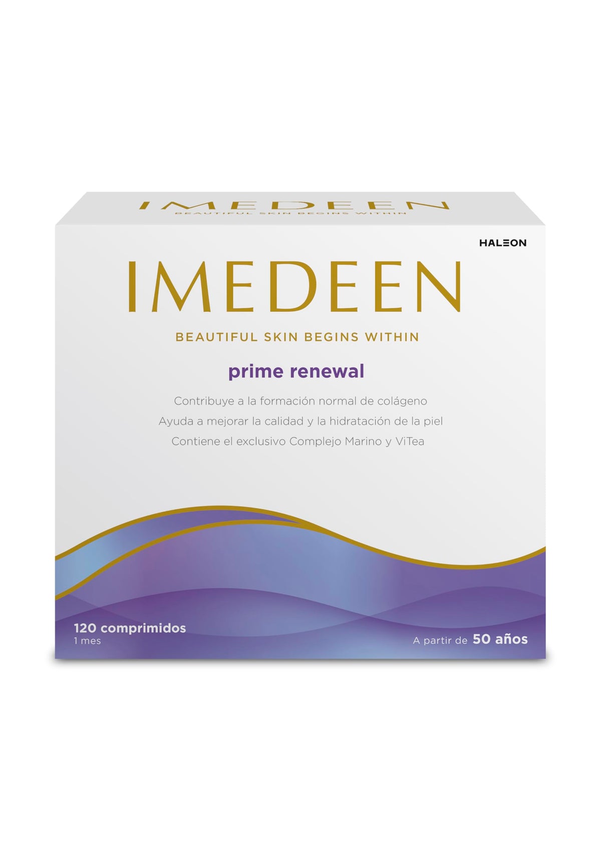 Imedeen Prime Renewal frontal del envase mostrando el paquete y beneficio antiedad