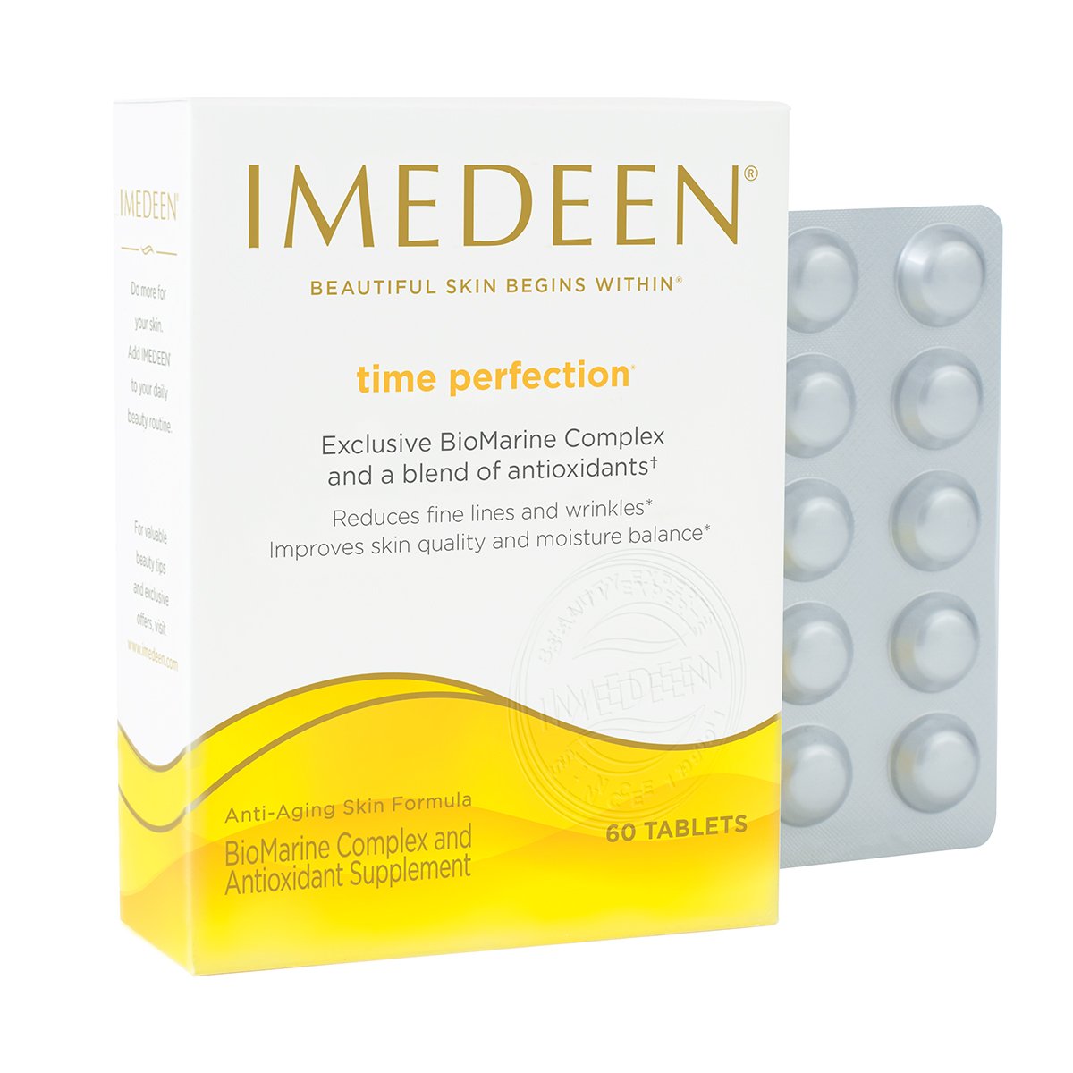 Imedeen primer plano de tabletas para apreciar textura y formato