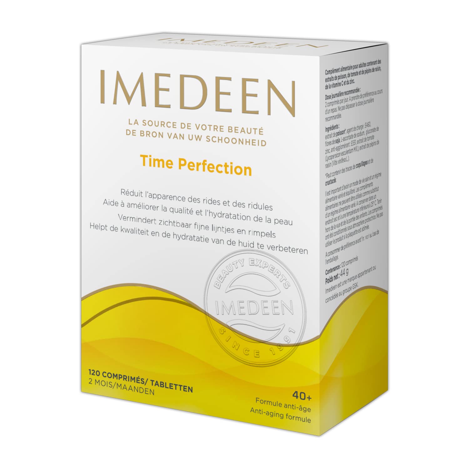 Imedeen Time Perfection vista frontal de envase con beneficios visibles