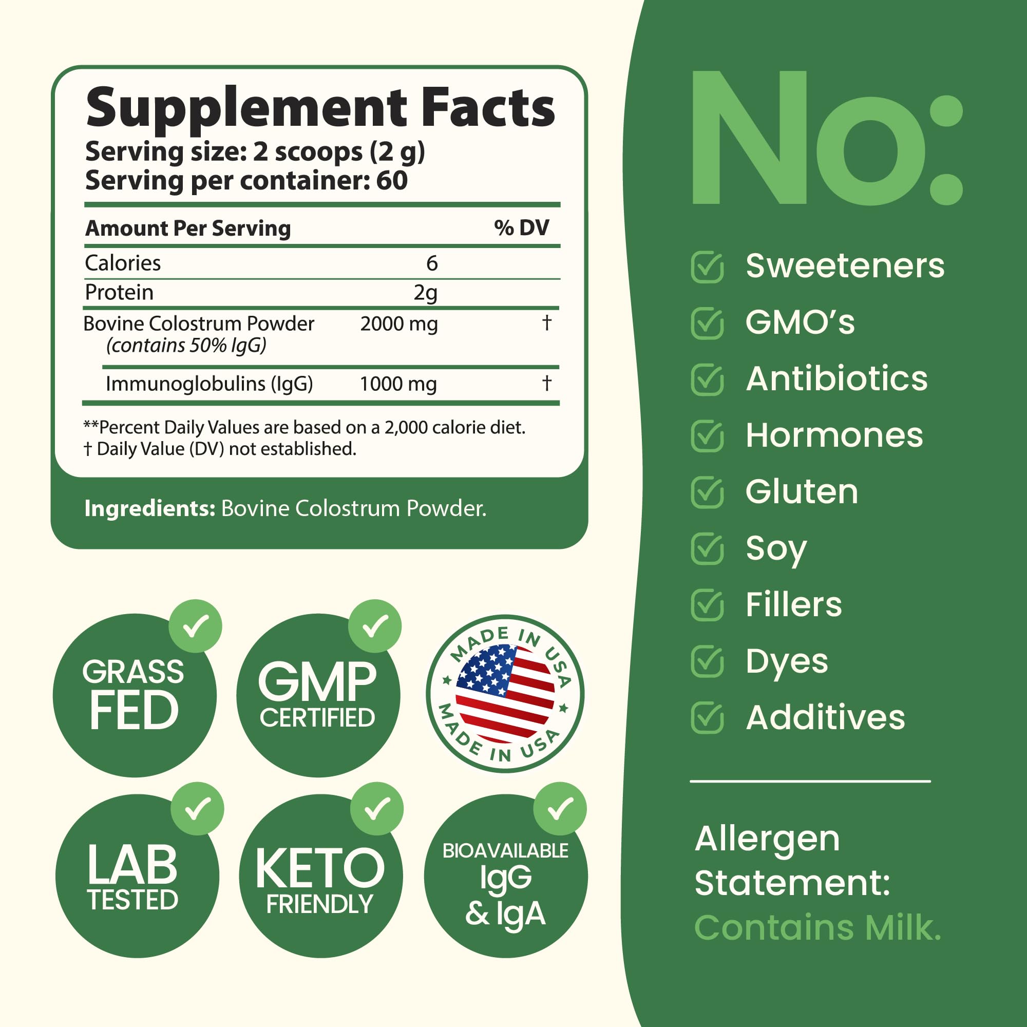 Immerge Health etiqueta nutricional detallada indicando IgG alto y sin aditivos