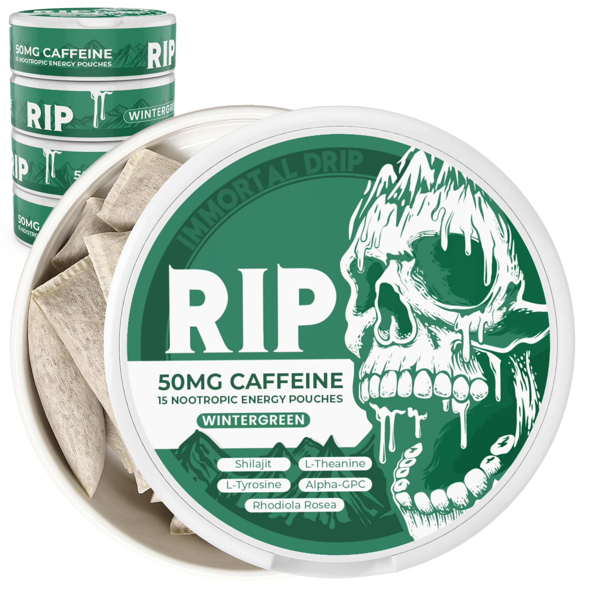 Immortal Drip lata frontal Wintergreen mostrando diseño y portabilidad