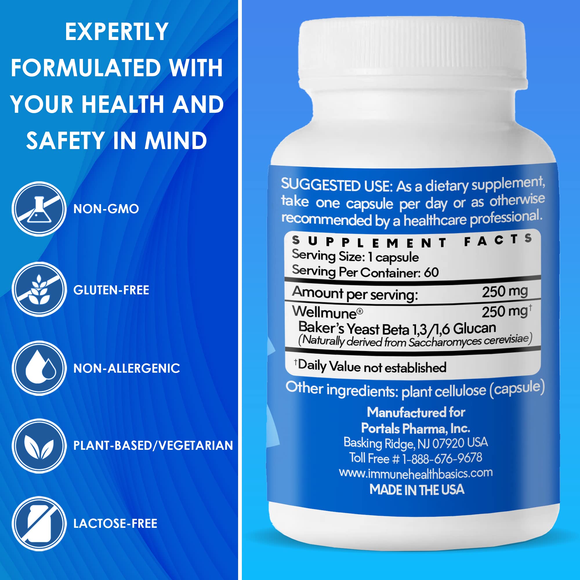 Immune Health Basics etiqueta nutricional enfocada que destaca ingredientes y certificaciones