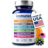 Botella IMMUNETI Advanced Immune Support frente, presenta ingredientes combinados y conveniencia