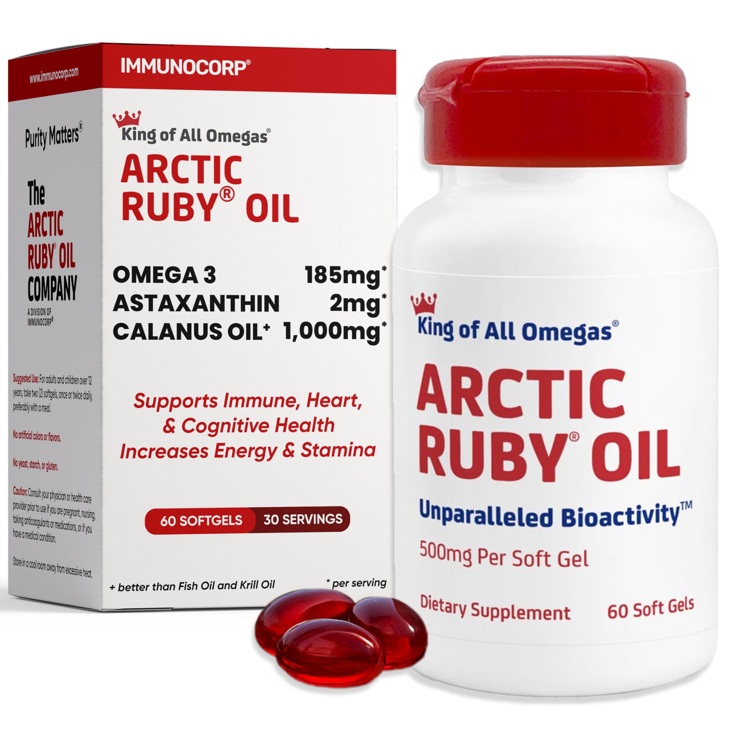 Immunocorp envase frontal Arctic Ruby Oil mostrando diseño y ventajas