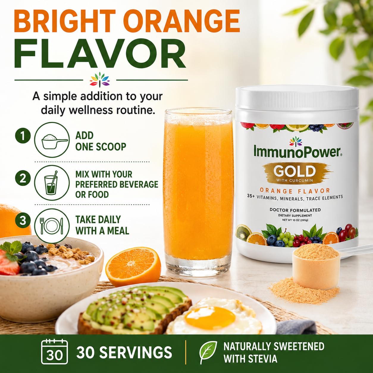 ImmunoPower Gold en cocina junto a fruta, integra fácilmente en rutina diaria
