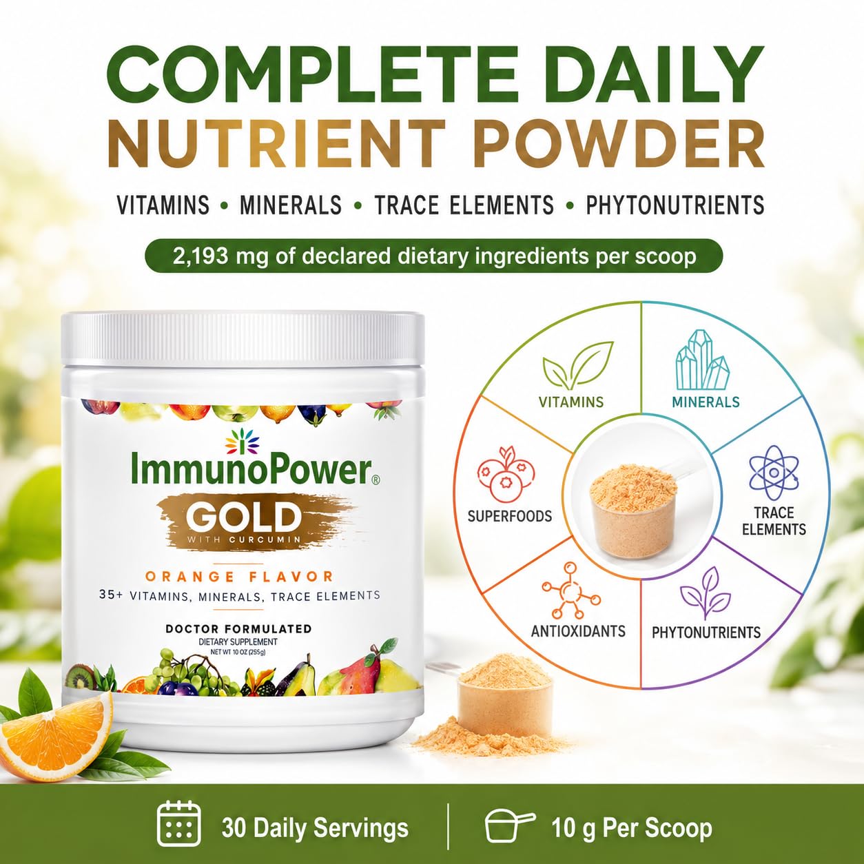 ImmunoPower Gold textura de polvo en cuchara, alta concentración y fácil mezcla