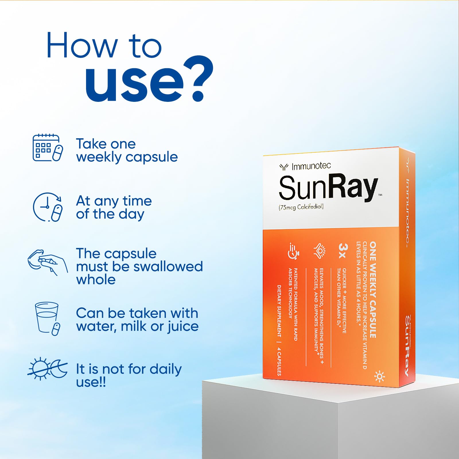 Immunotec Sunray cápsula en mano para comparar tamaño y demostrar toma semanal simple