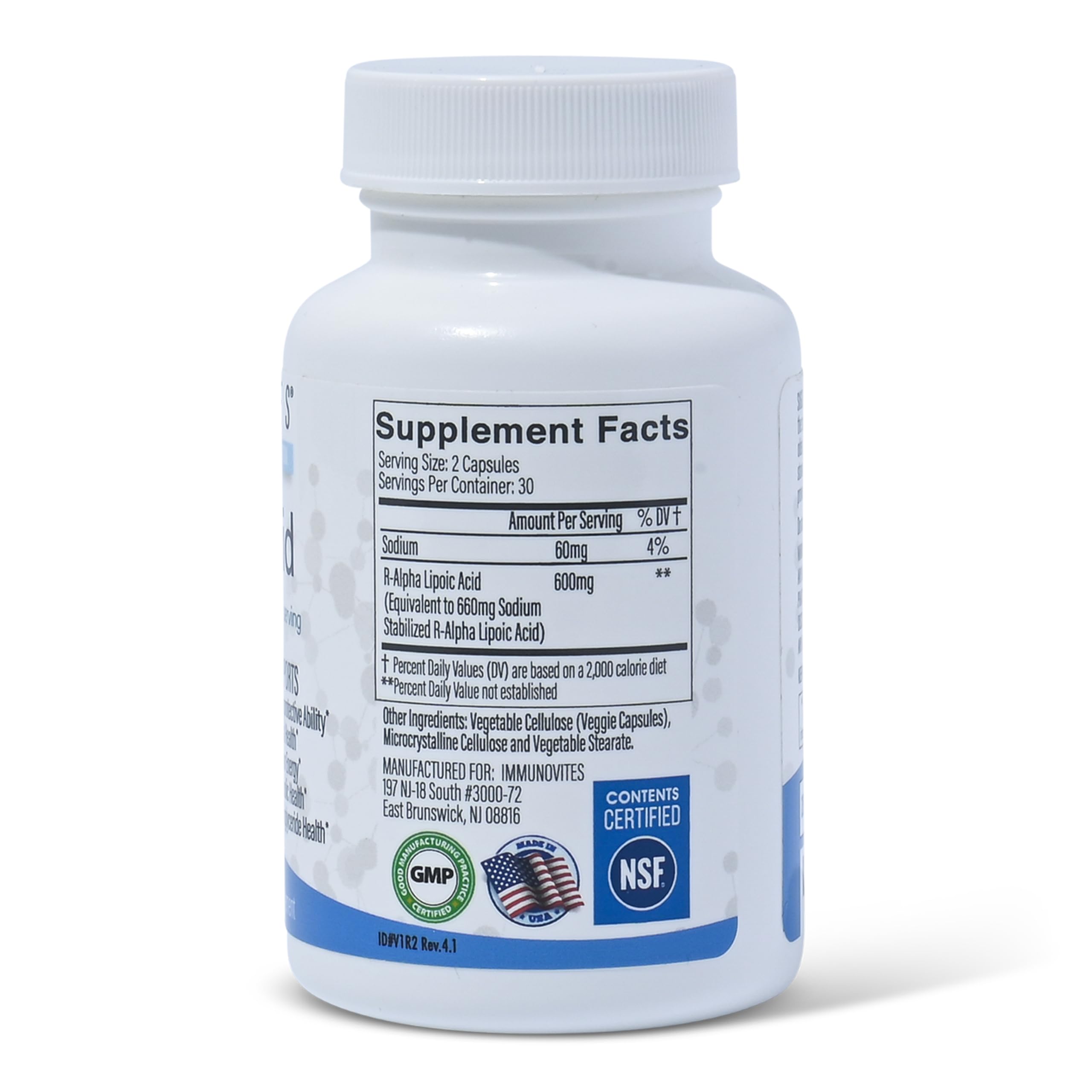 IMMUNOVITES panel Supplement Facts destacando Na R-ALA y alta potencia
