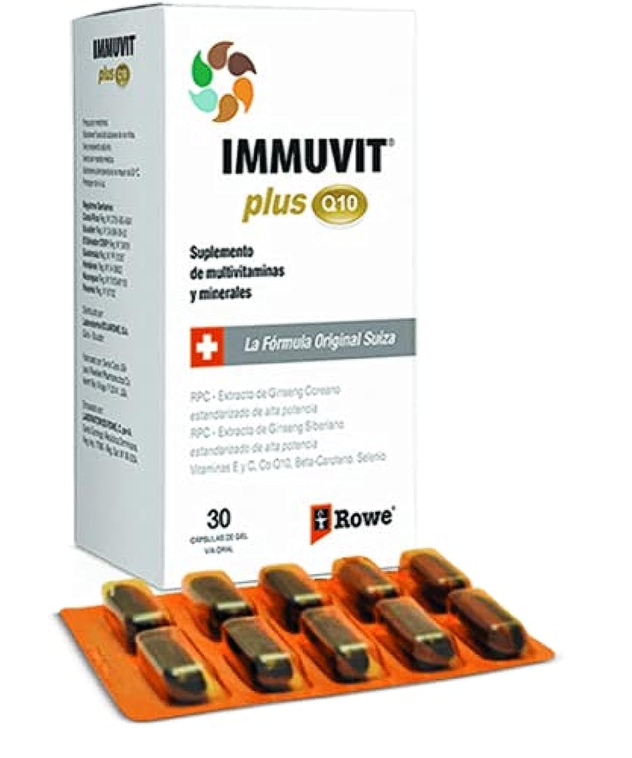 IMMUVIT-PLUS-Q10 frontal del envase mostrando la etiqueta y beneficios principales