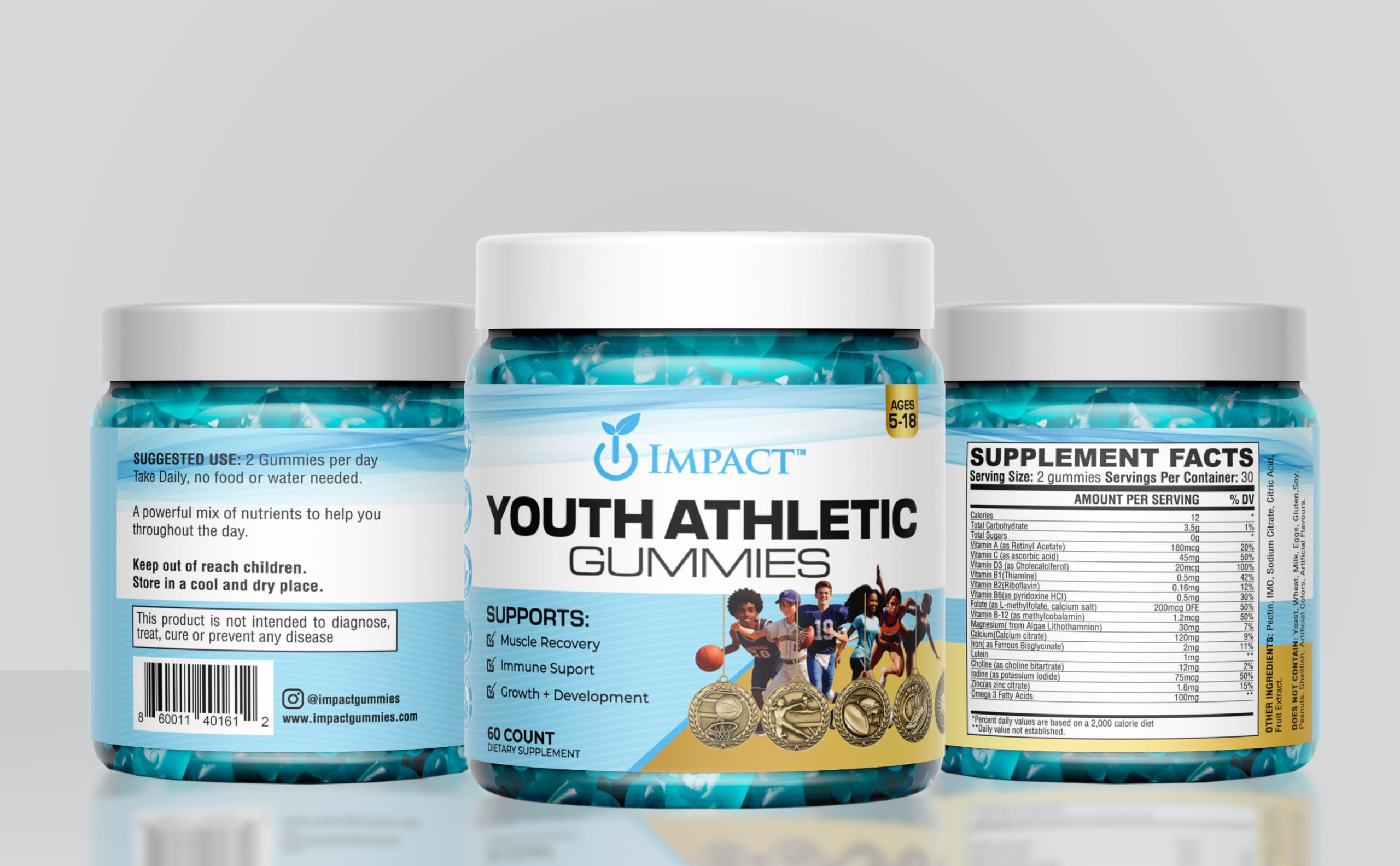 IMPACT etiqueta nutricional con lista de vitaminas y dosis por porción