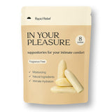 In Your Pleasure empaque frontal mostrando supositorios y beneficios claros
