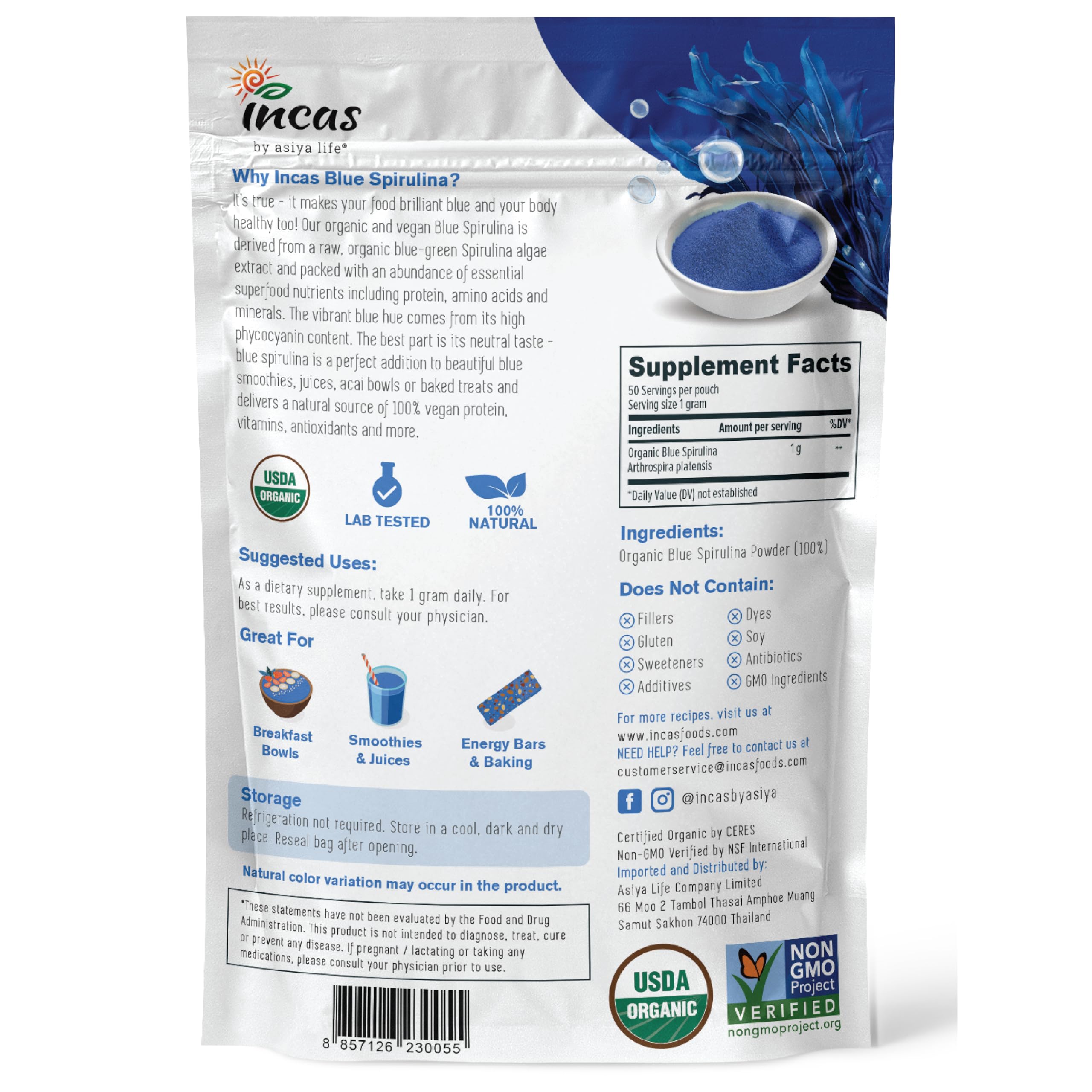 Incas by Asiya Life primer plano del polvo de spirulina azul, textura fina y pura