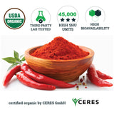 Etiqueta Incas con sello USDA Organic y datos de potencia 45,000 SHU