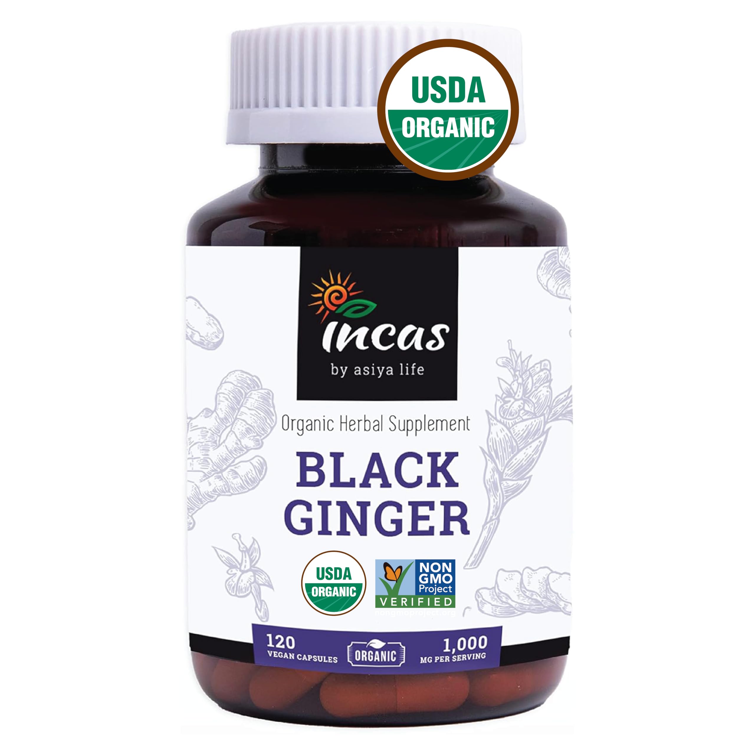 Incas by Asiya Life frasco frontal mostrando sello USDA Organic y ventaja de pureza