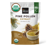 Incas envase frontal del polen de pino mostrando sello orgánico y ventaja de pureza