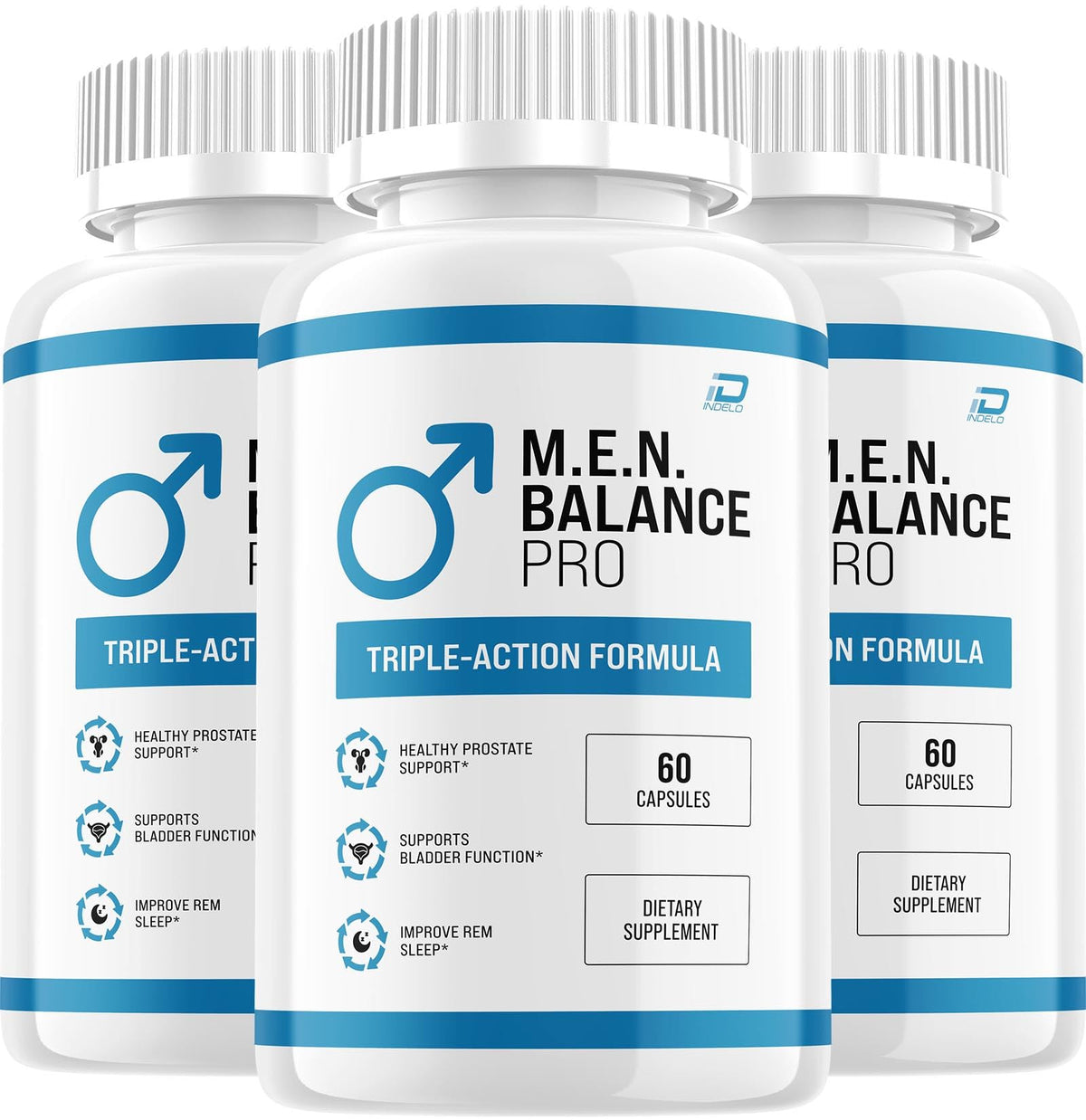 Indelo M.E.N Balance Pro vista frontal del frasco mostrando el diseño y beneficio de confianza