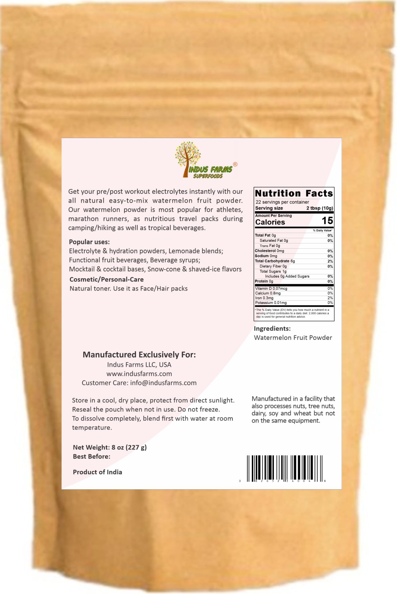 Indus Farms comparación de tamaño del envase de 8 oz para almacenamiento