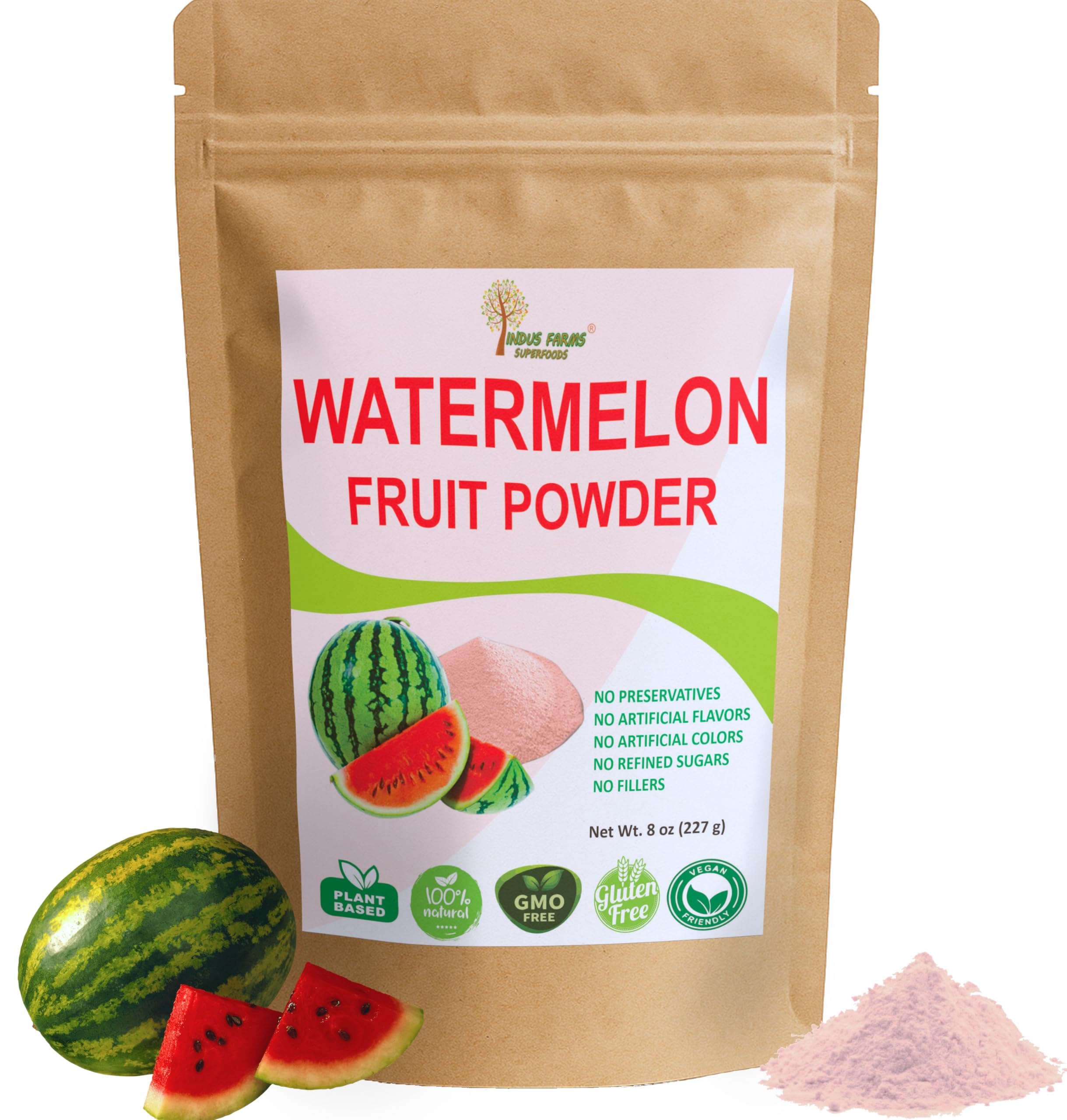 Indus Farms empaque frontal mostrando polvo de sandía natural y uso fácil