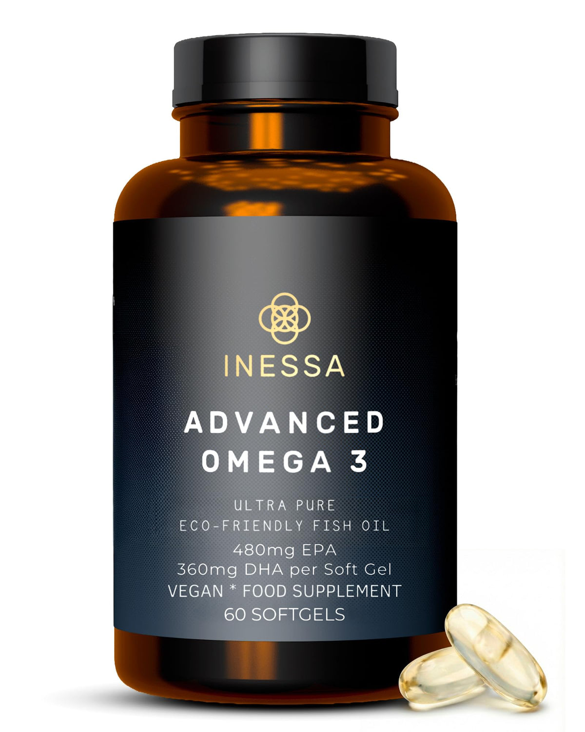 Inessa frasco frontal mostrando 60 cápsulas y alta concentración de omega‑3