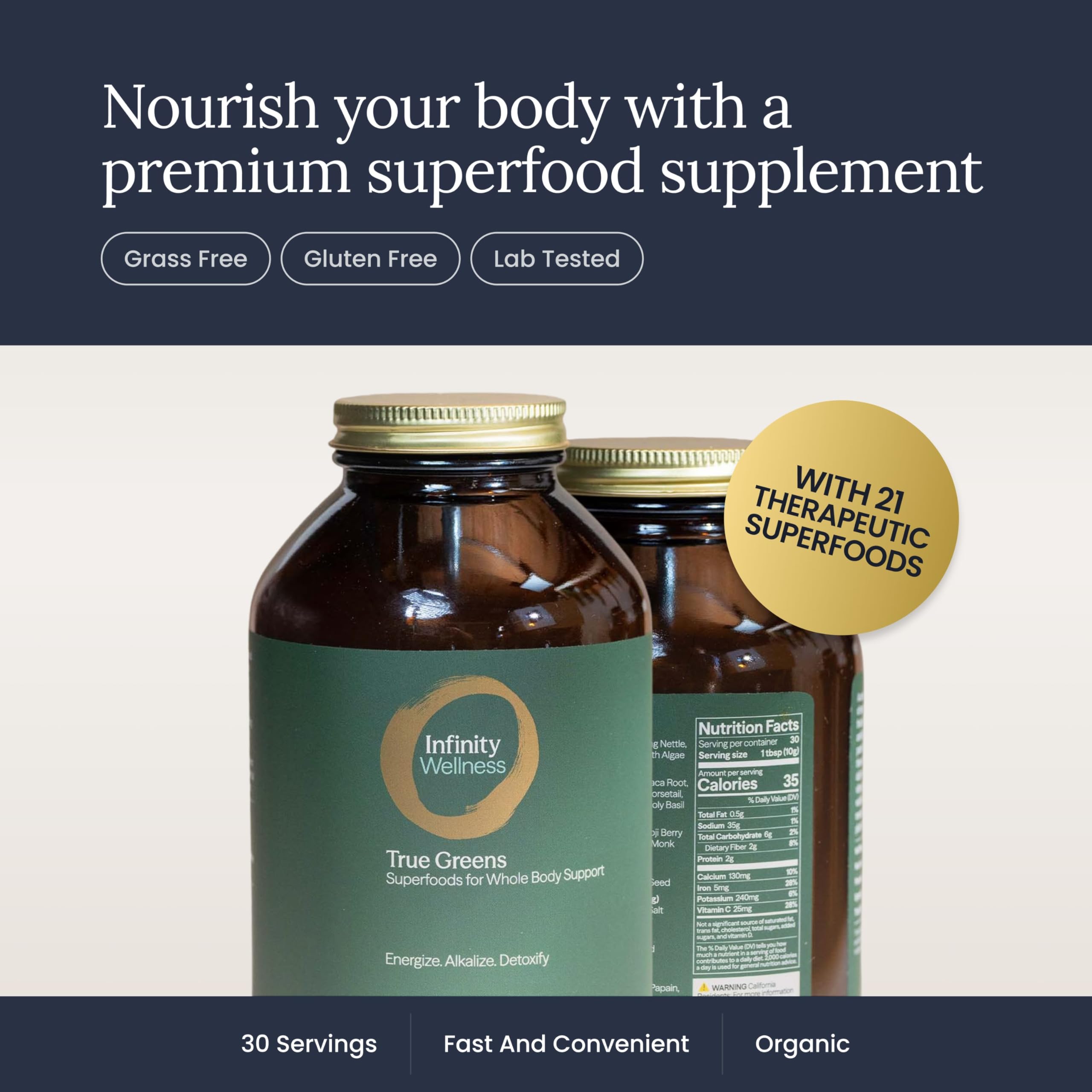 Infinity Greens etiqueta frontal con listado de 28 ingredientes