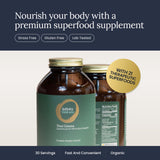 Infinity Greens etiqueta frontal con listado de 28 ingredientes