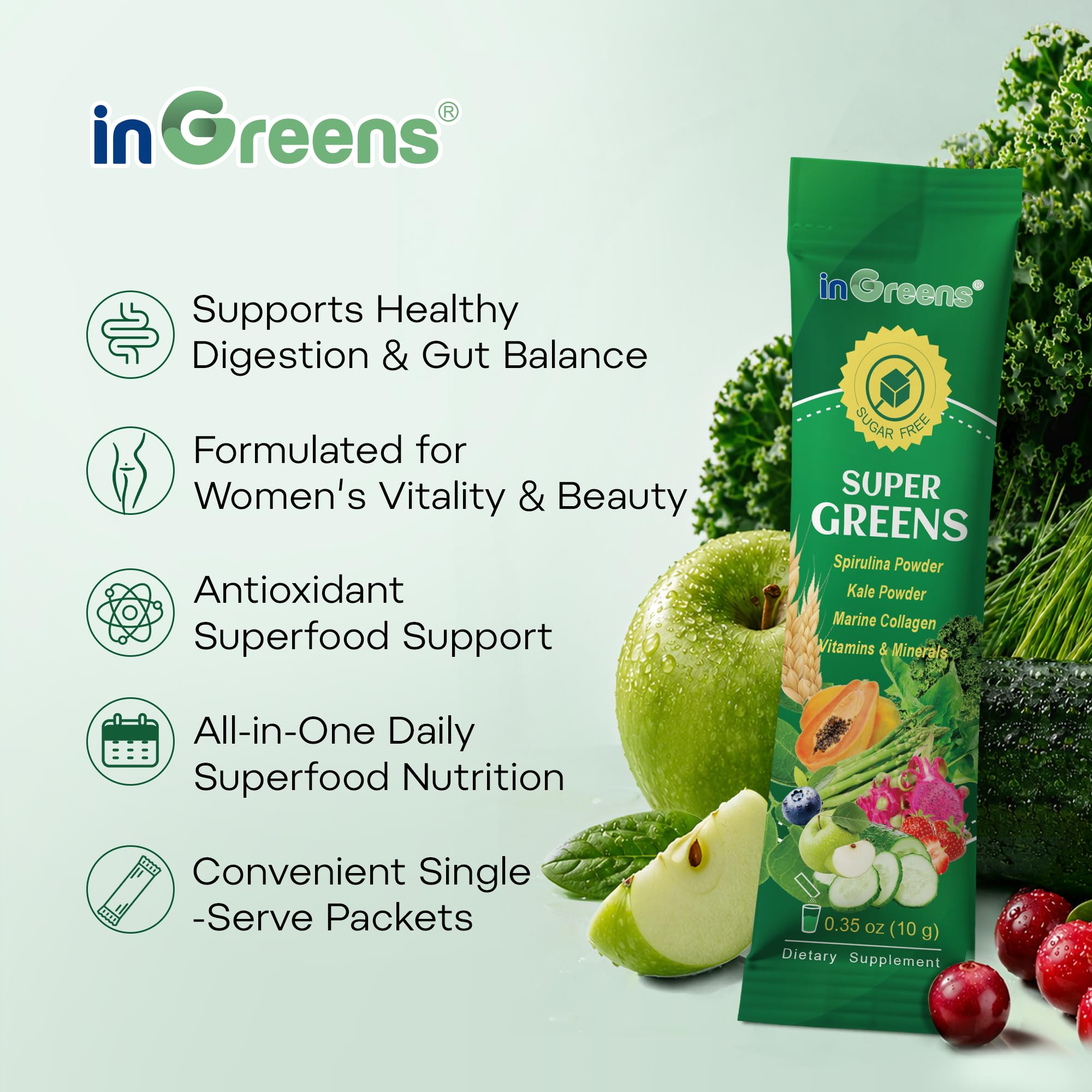 inGreens etiqueta de ingredientes destacando algas, probióticos y vitaminas