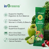 inGreens etiqueta de ingredientes destacando algas, probióticos y vitaminas