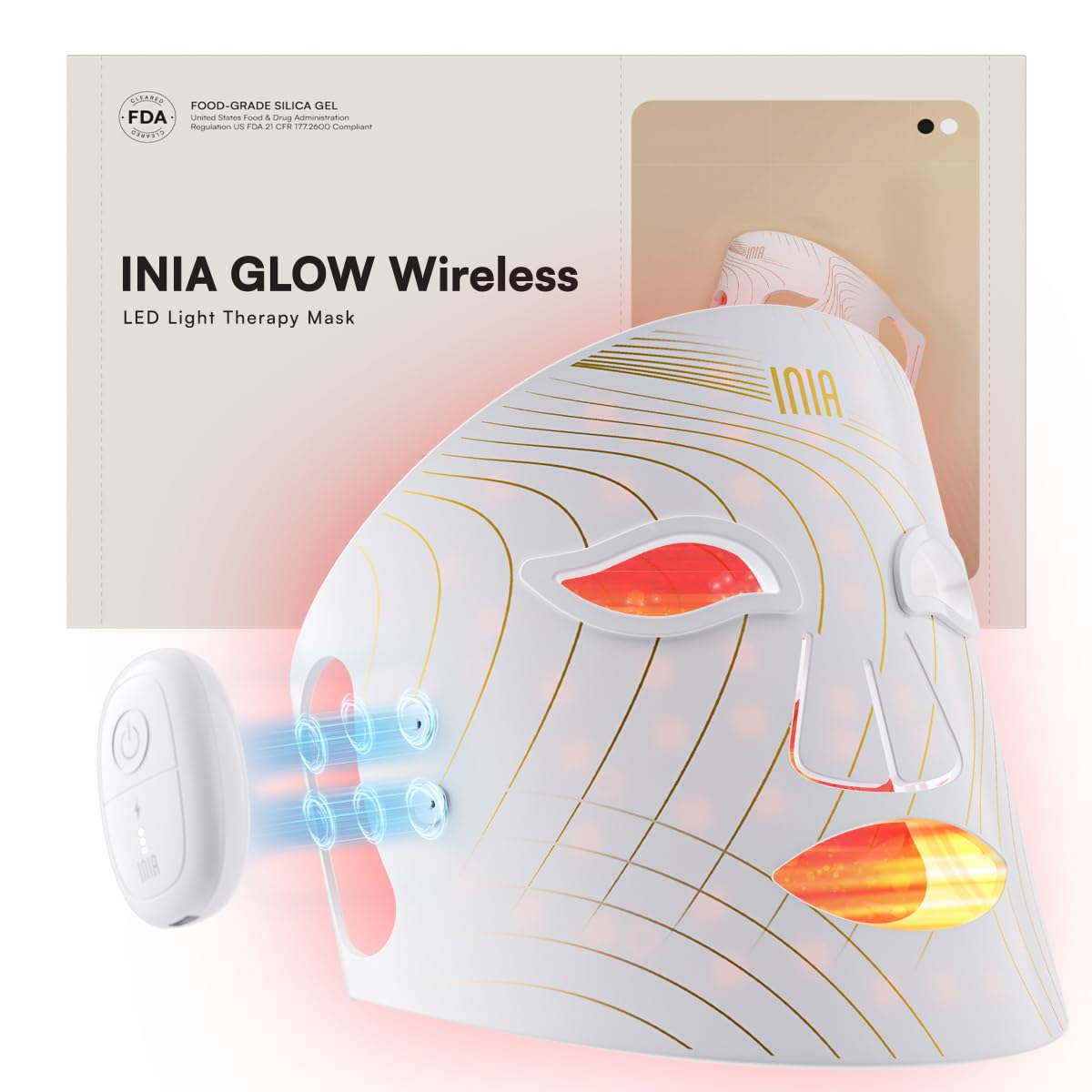 INIA GLOW máscara frontal mostrando forma ergonómica y comodidad portátil