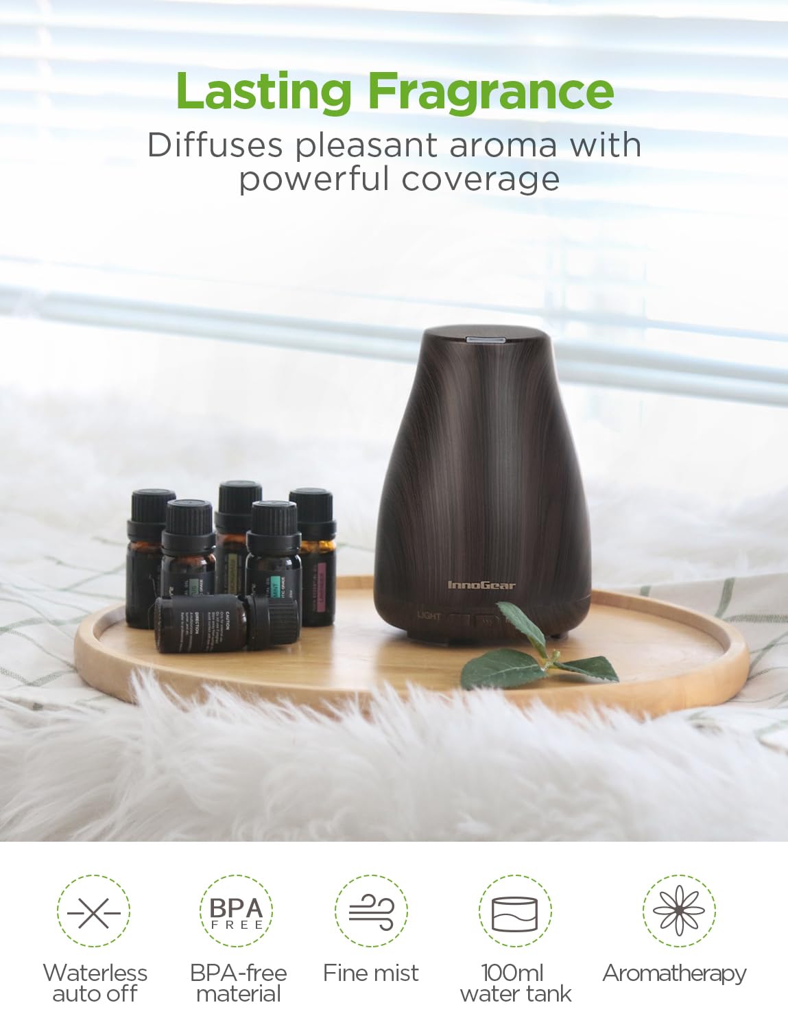 InnoGear difusor en dormitorio con luz LED creando atmósfera acogedora