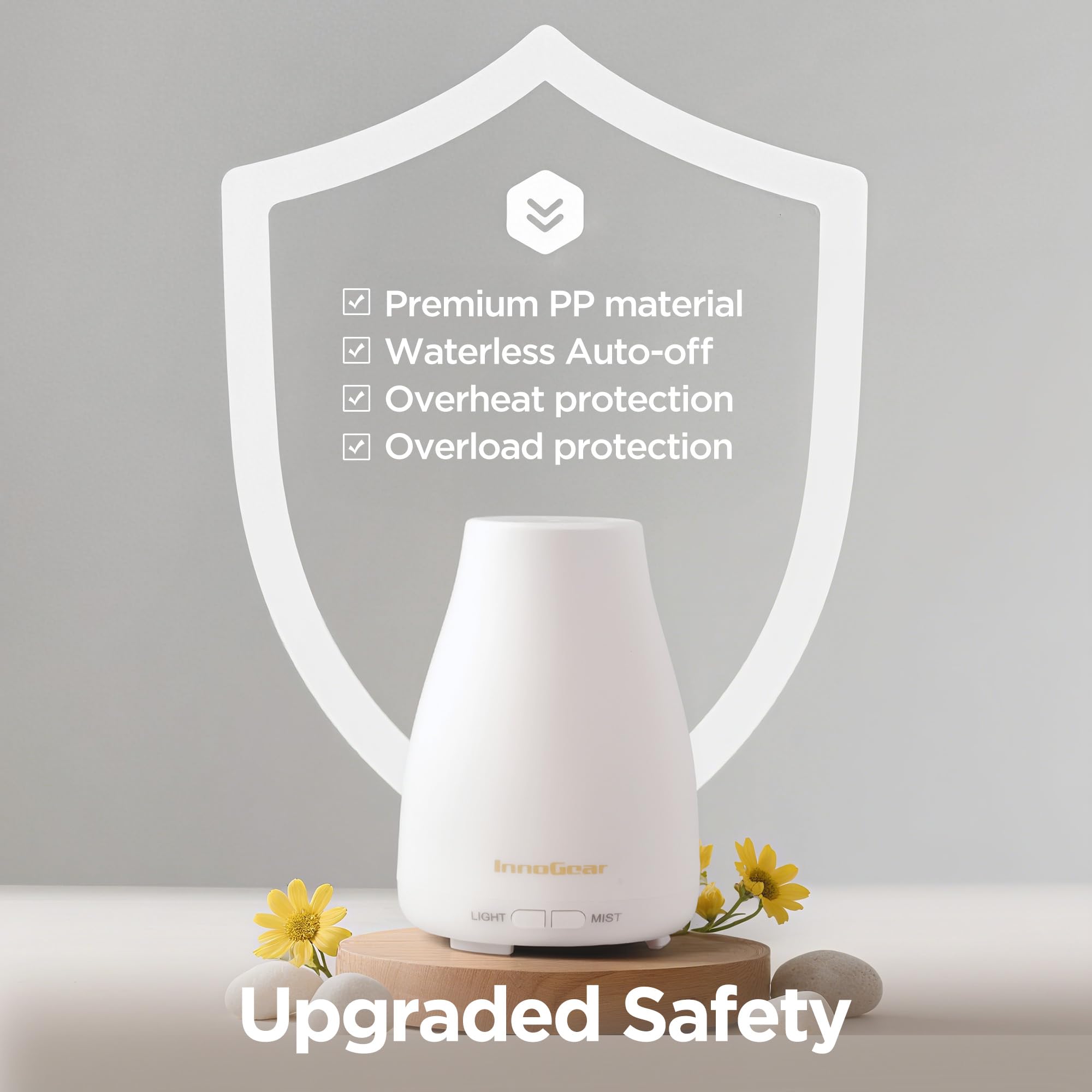 InnoGear difusor junto a objetos para comparar tamaño y beneficio de ocupación mínima