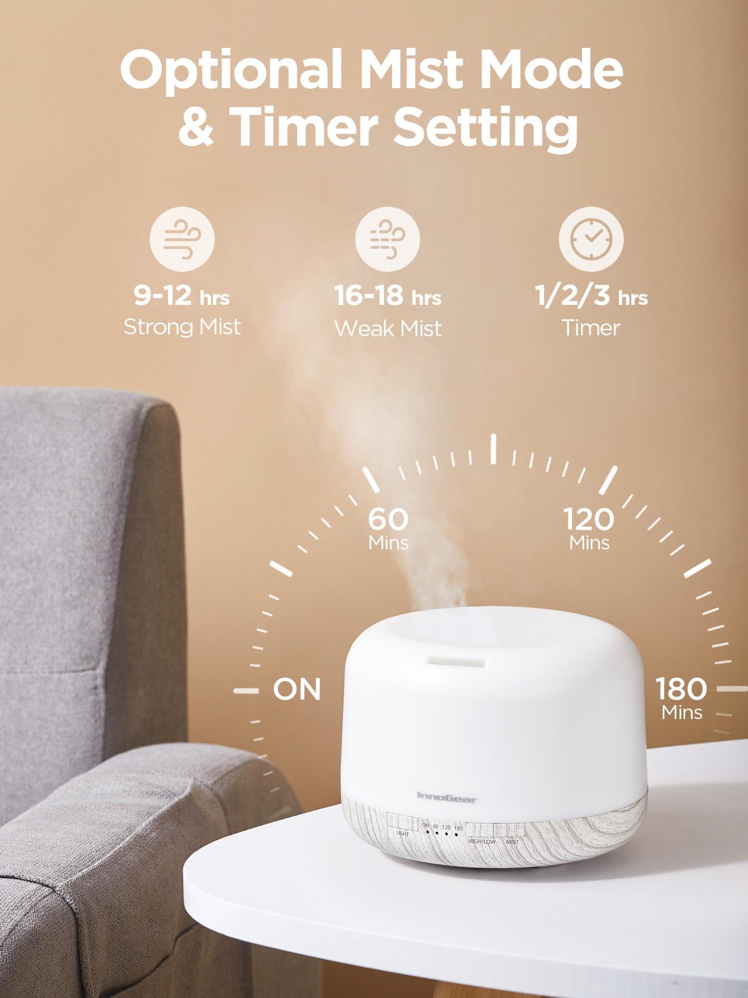 InnoGear difusor en uso en salón, mejora la humedad y el aroma ambiental