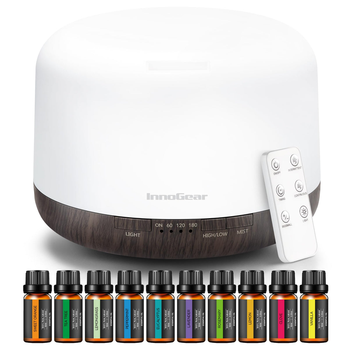 InnoGear difusor frontal marrón mostrando diseño elegante y beneficios relajantes